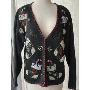 Vintage 90s Ugly Christmas Sweater Holiday Embroidered Crochet Trim Cardigan Med